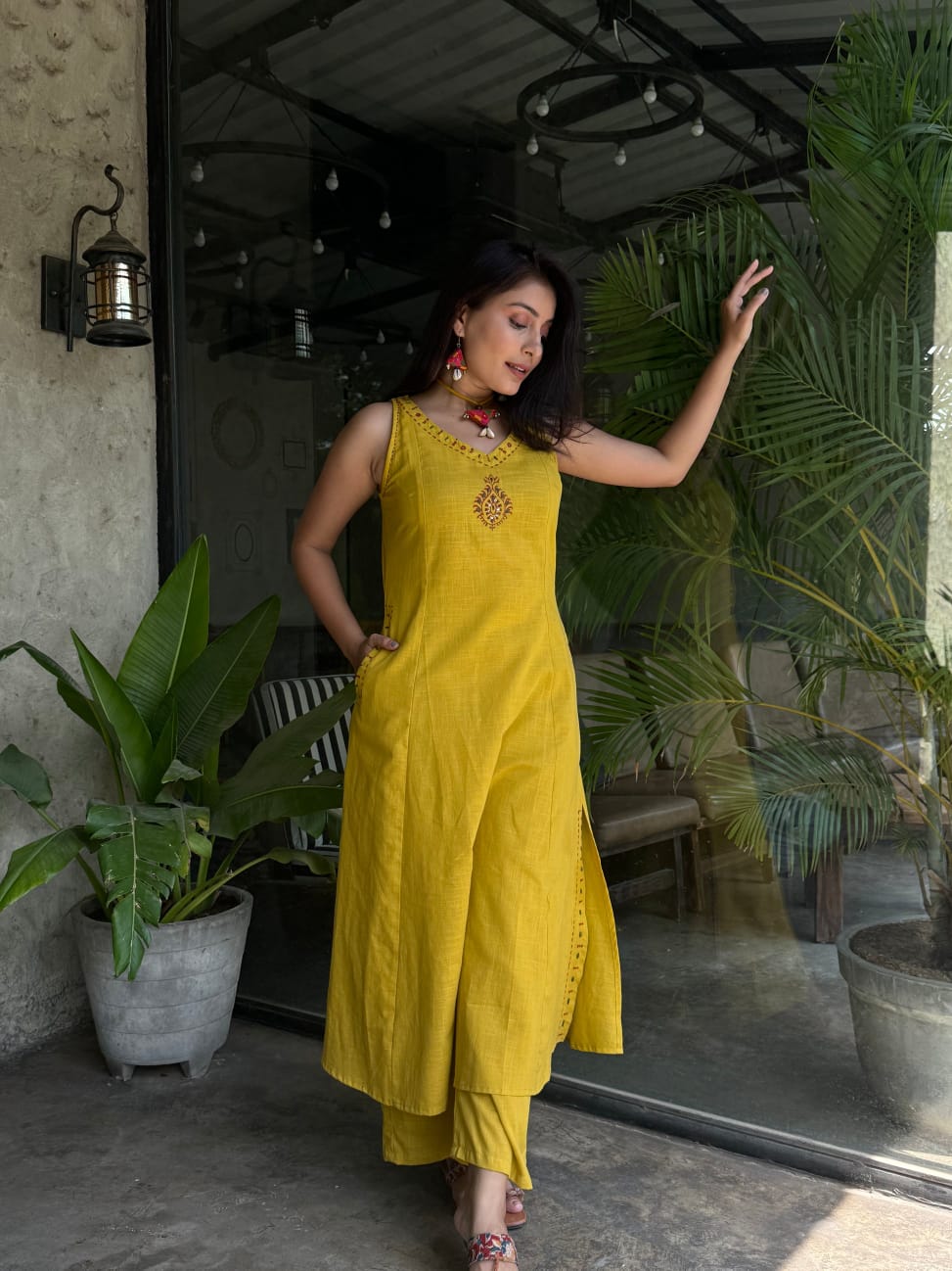 Yellow Cotton Embroidery Co-Ord Set
