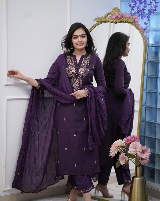Women Cotton Purple Embroidered Kurta Pant and Dupatta set