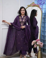 Women Cotton Purple Embroidered Kurta Pant and Dupatta set