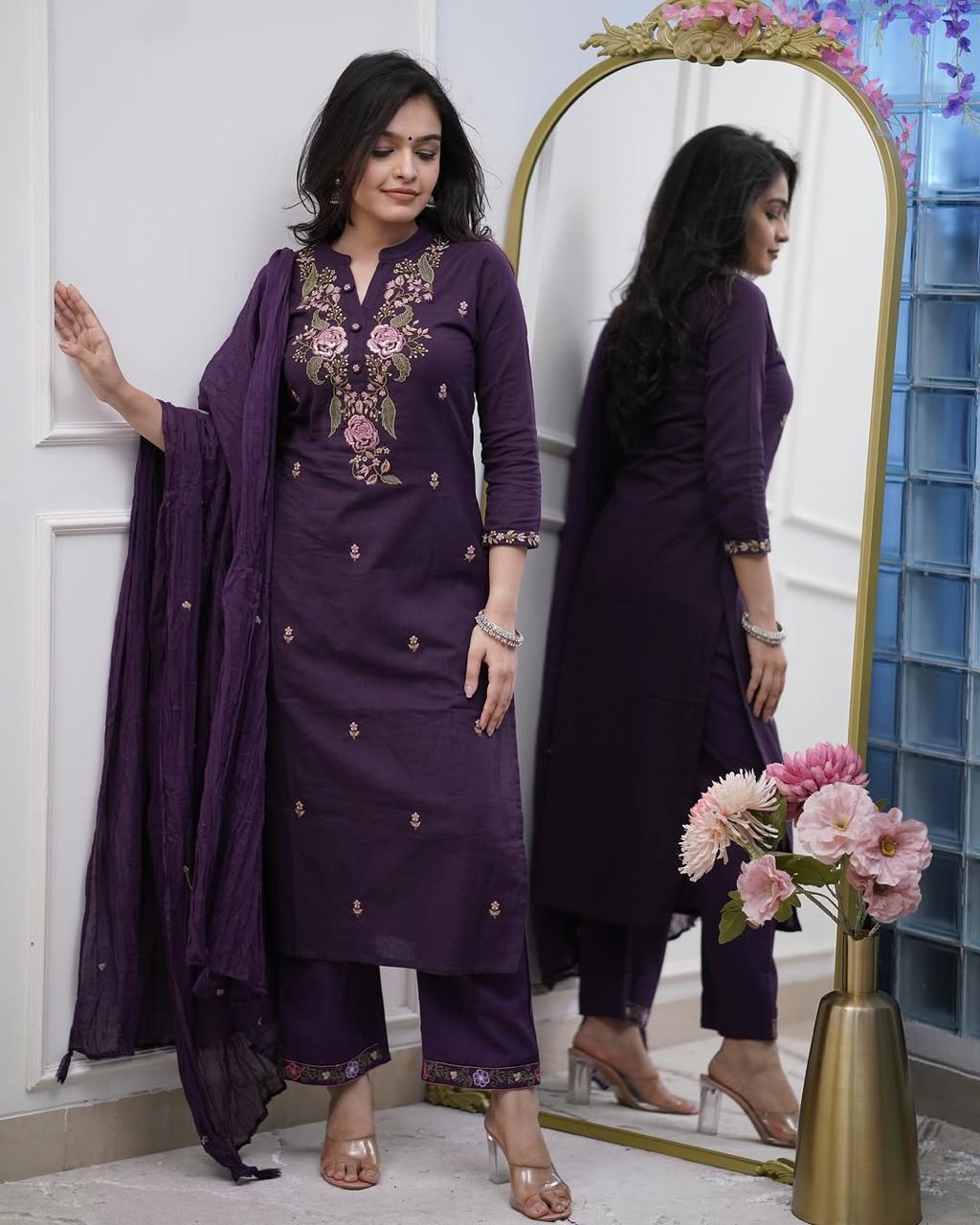 Women Cotton Purple Embroidered Kurta Pant and Dupatta set