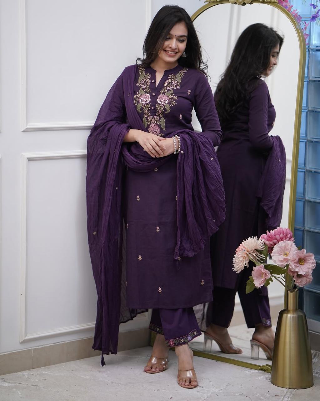 Women Cotton Purple Embroidered Kurta Pant and Dupatta set
