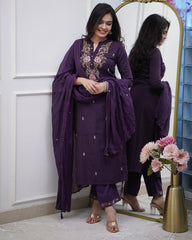 Women Cotton Purple Embroidered Kurta Pant and Dupatta set