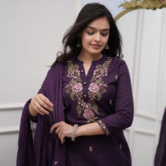 Women Cotton Purple Embroidered Kurta Pant and Dupatta set