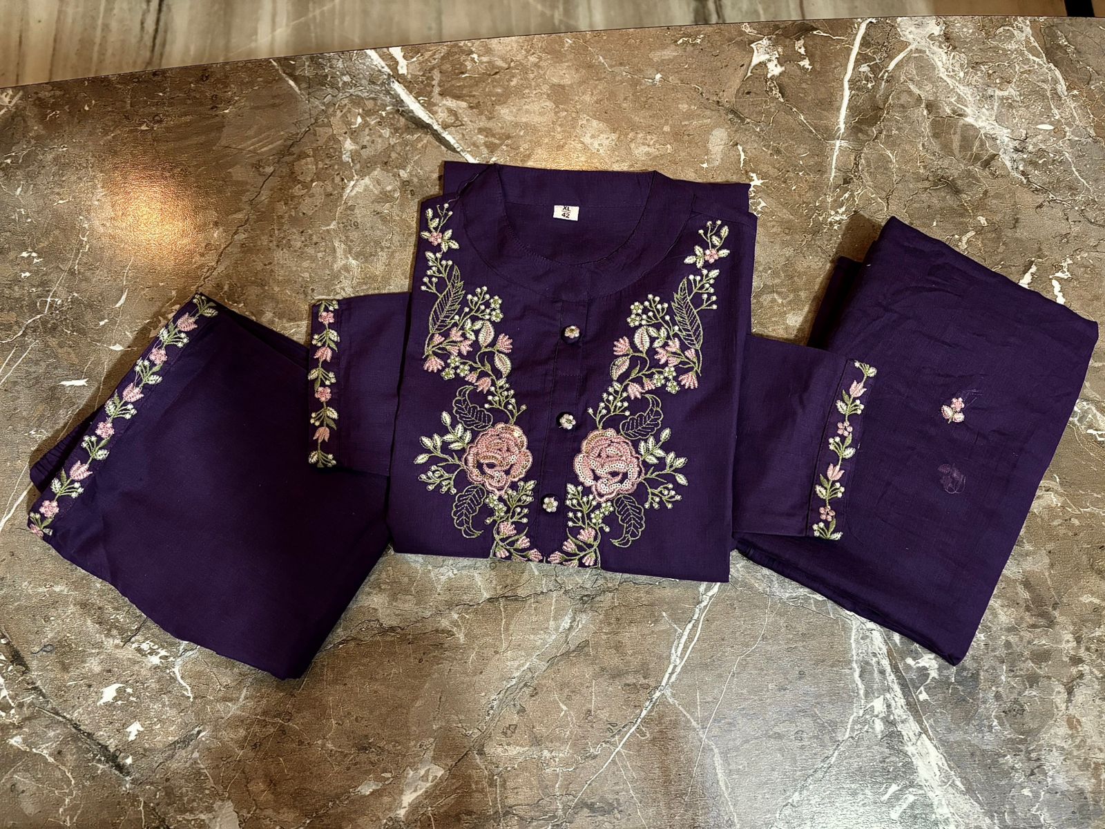 Women Cotton Purple Embroidered Kurta Pant and Dupatta set