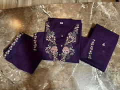 Women Cotton Purple Embroidered Kurta Pant and Dupatta set