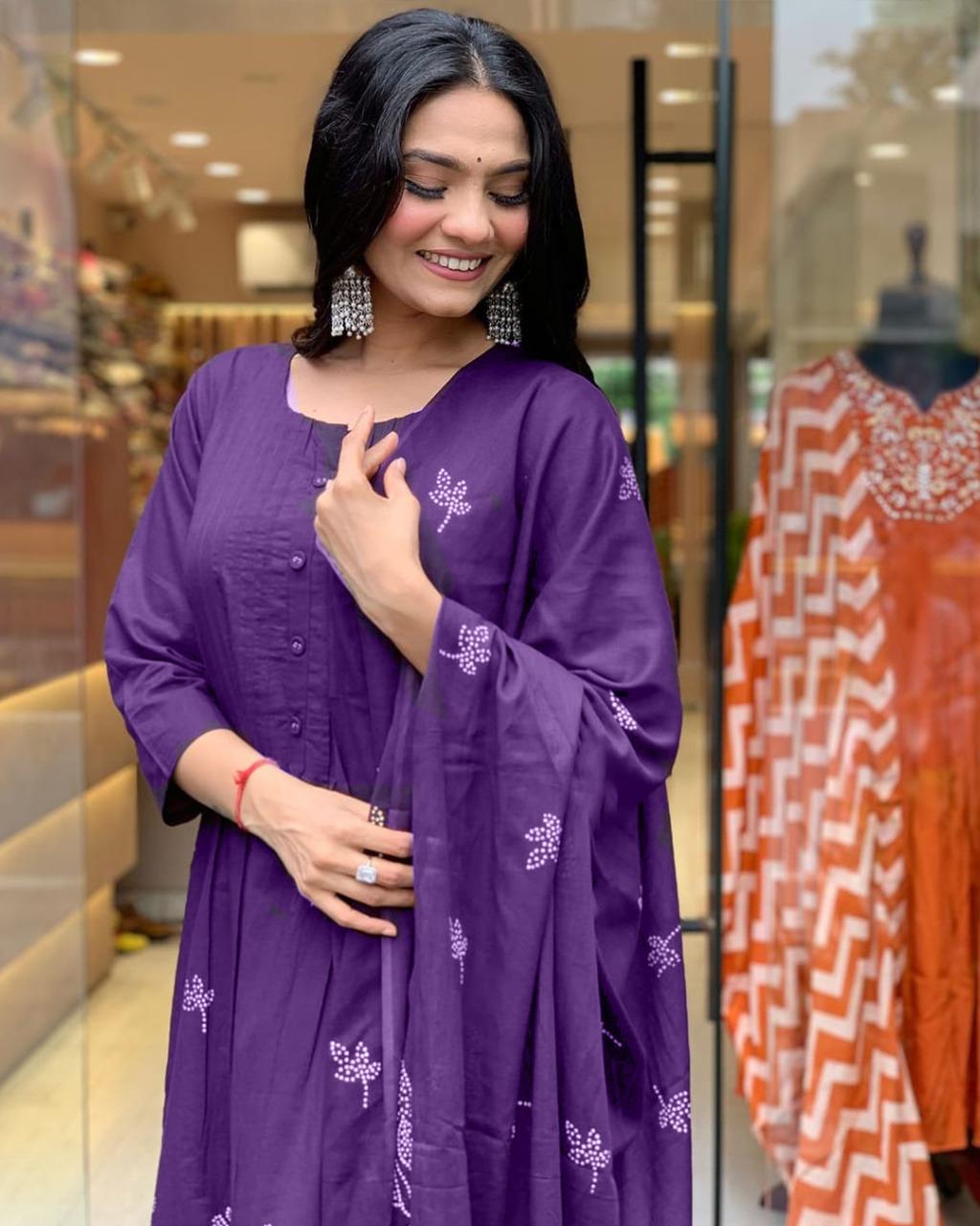 Women Cotton Purple Kurta Pant and Dupatta set