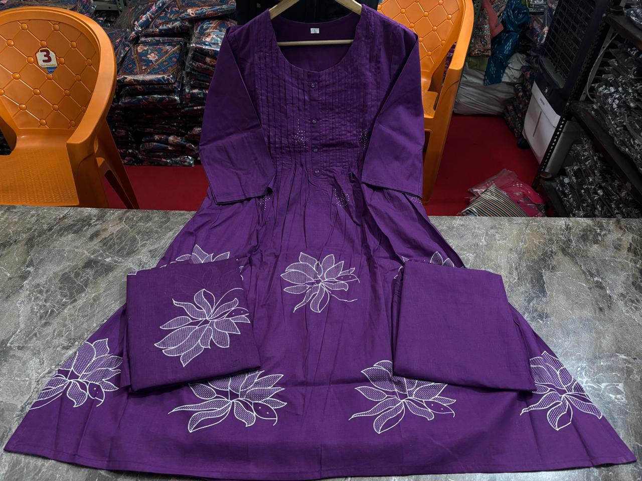 Women Cotton Purple Kurta Pant and Dupatta set