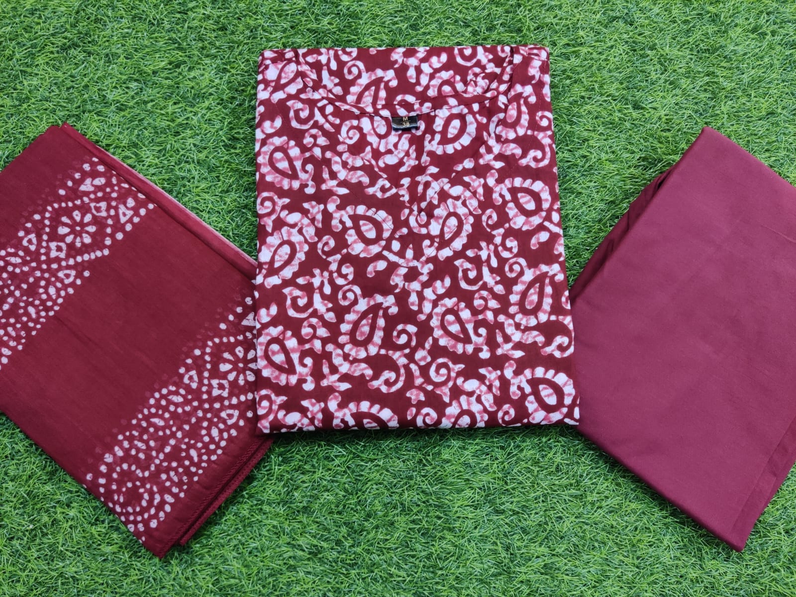 Women Cotton Red Kurta Pant with Dupatta Set