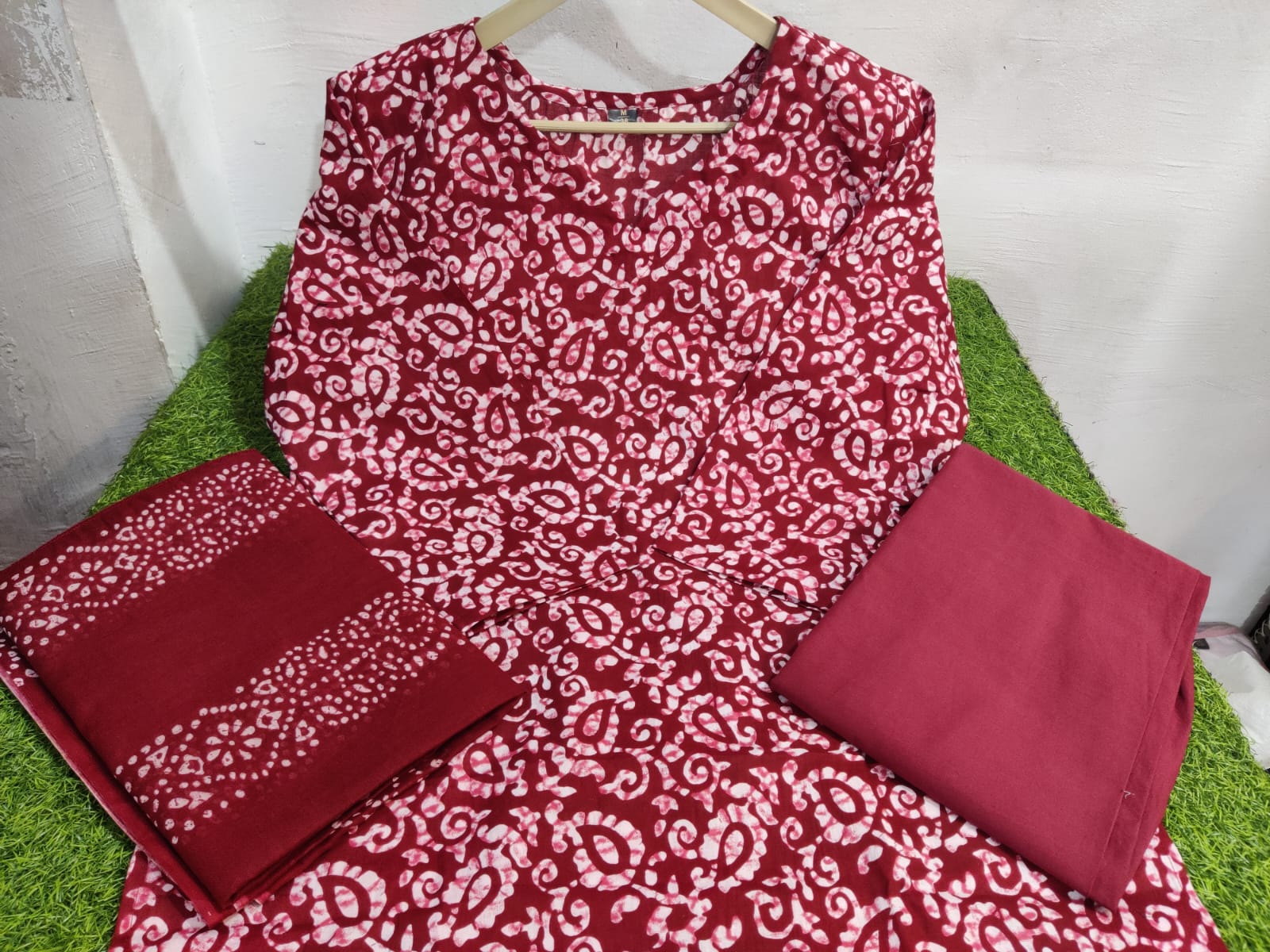 Women Cotton Red Kurta Pant with Dupatta Set