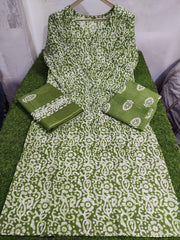 Women Cotton Green Kurta Pant with Dupatta Set