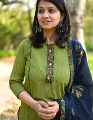 Women Green Ajrak Kurta Pant With Dupatta Set