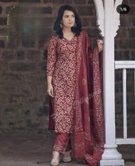 Women Cotton Red Kurta Pant with Dupatta Set